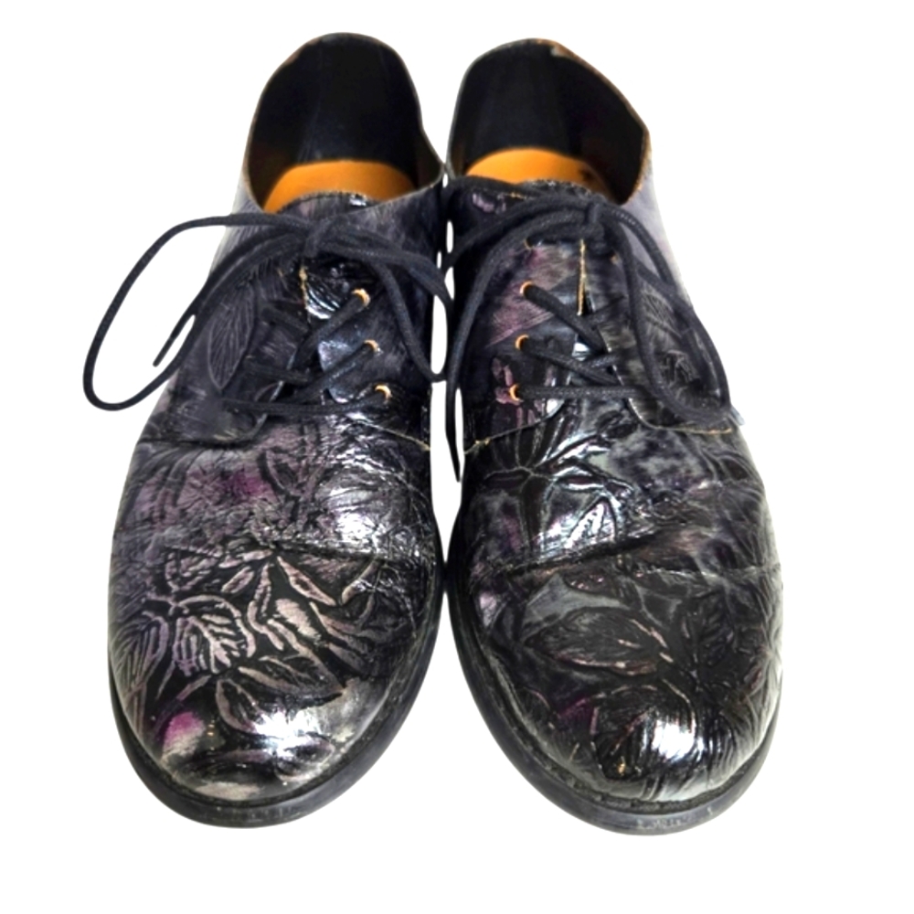 Patricia Nash Black Silver Leather Floral Embossed Lace-Up Oxford Loafers 6.5M - Picture 4 of 15